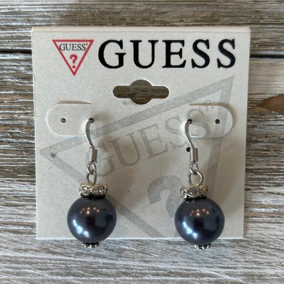 3/$15 GUESS Silver Tone White Rhinestone Gray Faux Pearl Fishhook Earrings - Picture 4 of 6